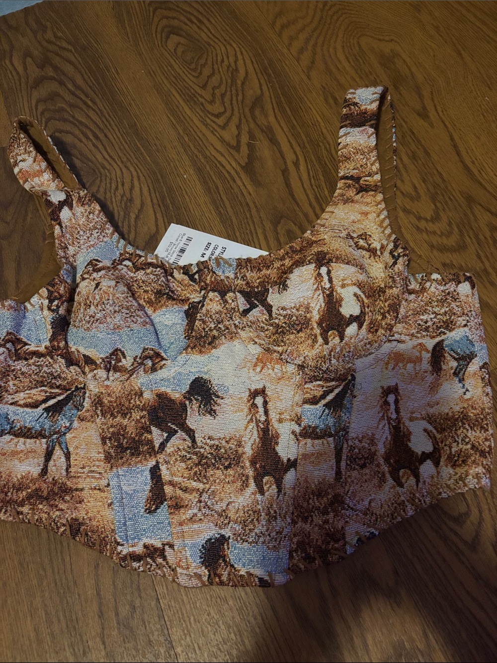 NWT blue b Women's Western Horse Print Crop Tank Top - Brown Multi - Picture 7 of 9